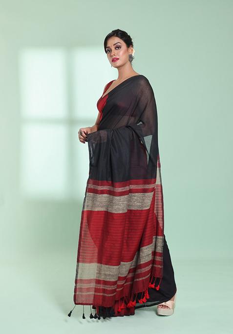 Black And Red Textured Cotton Saree Set