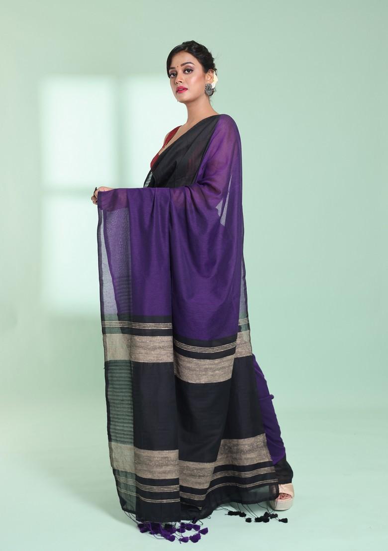Black And Purple Textured Cotton Saree Set - Indya