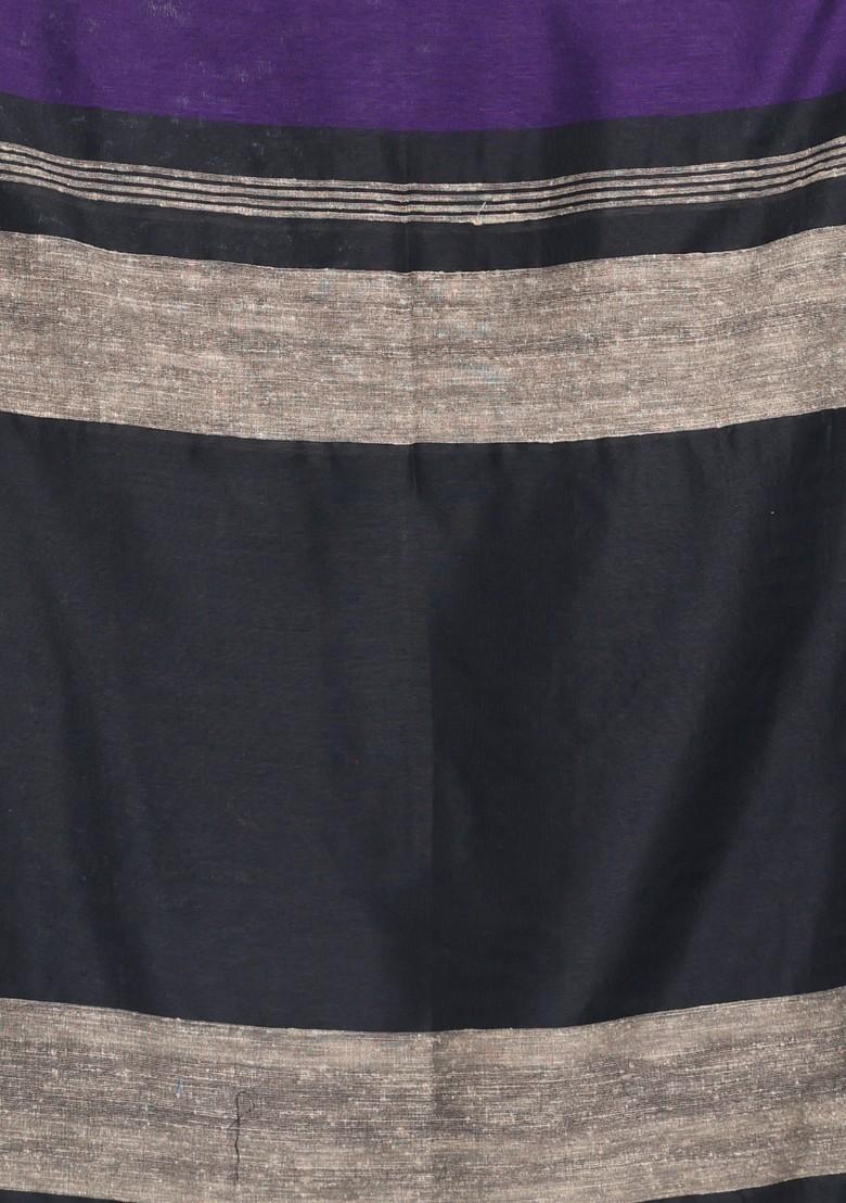 Black And Purple Textured Cotton Saree Set - Indya