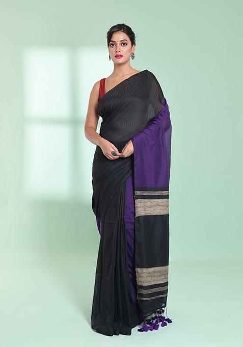 Black And Purple Textured Cotton Saree Set