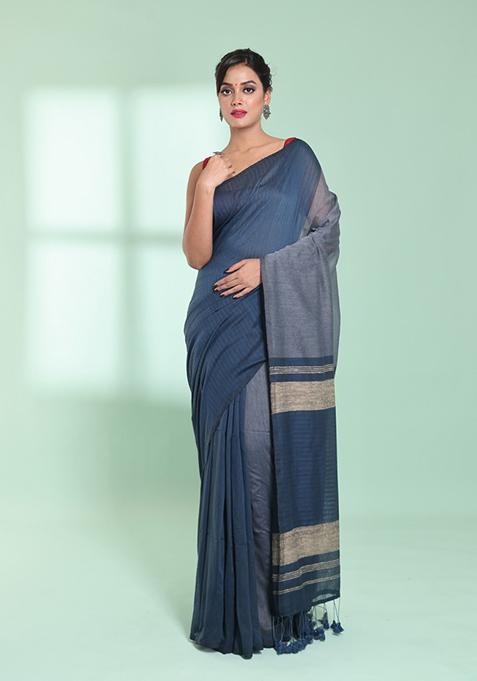 Grey Textured Cotton Saree Set