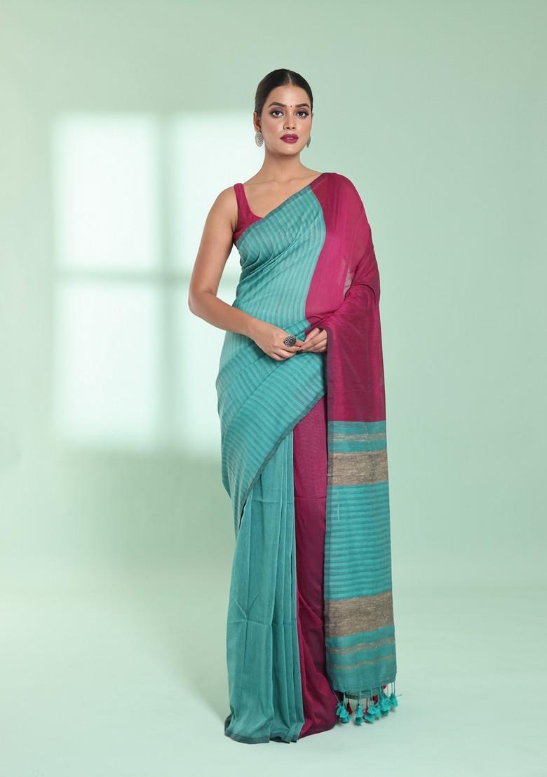 Sky Blue And Magenta Textured Cotton Saree Set