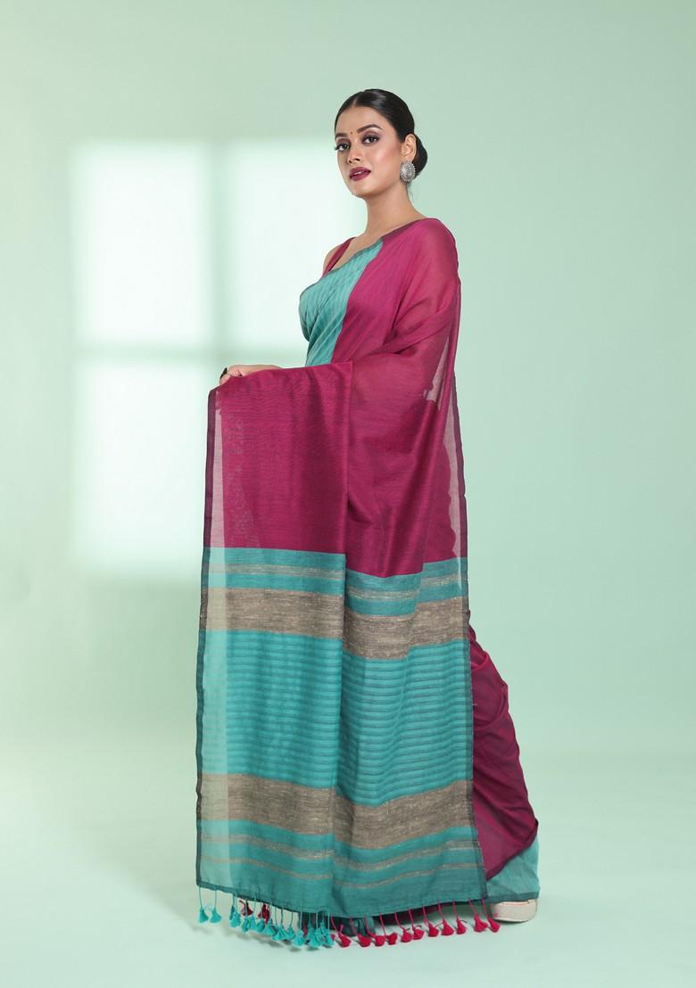 Sky Blue And Magenta Textured Cotton Saree Set