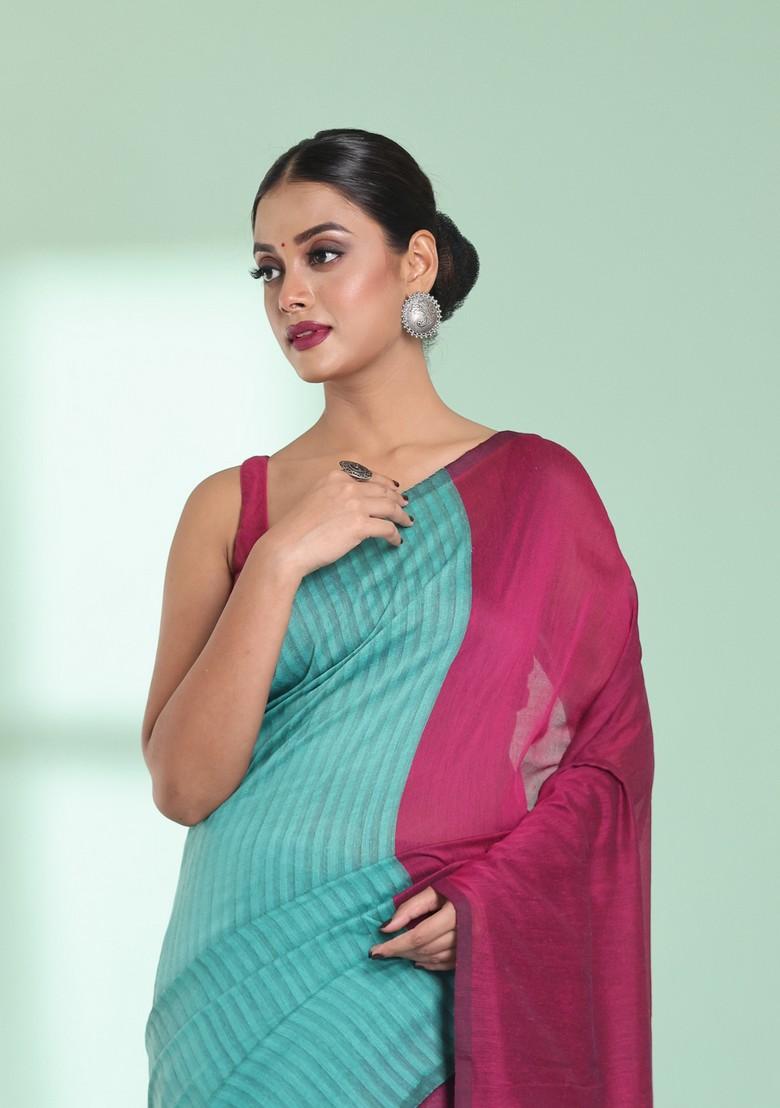 Sky Blue And Magenta Textured Cotton Saree Set