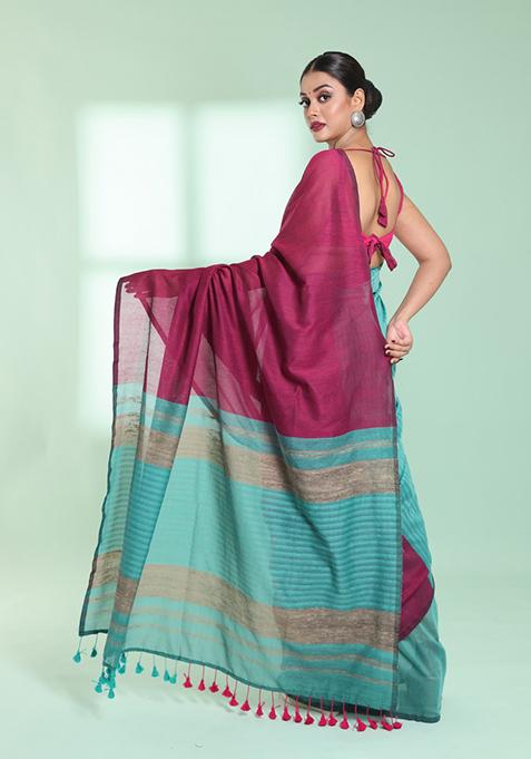 Sky Blue And Magenta Textured Cotton Saree Set