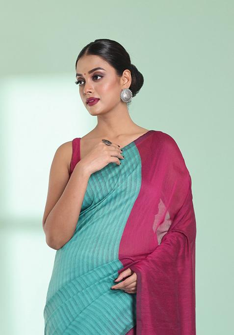 Sky Blue And Magenta Textured Cotton Saree Set