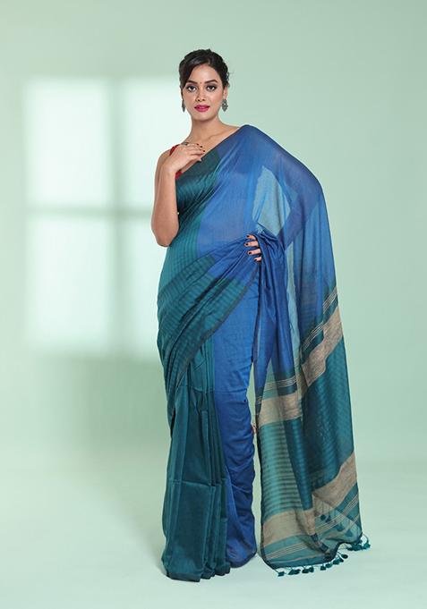 Teal Blue Textured Cotton Saree Set