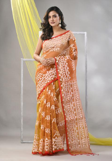 Lemon Yellow Jamdani Muslin Silk Saree Set