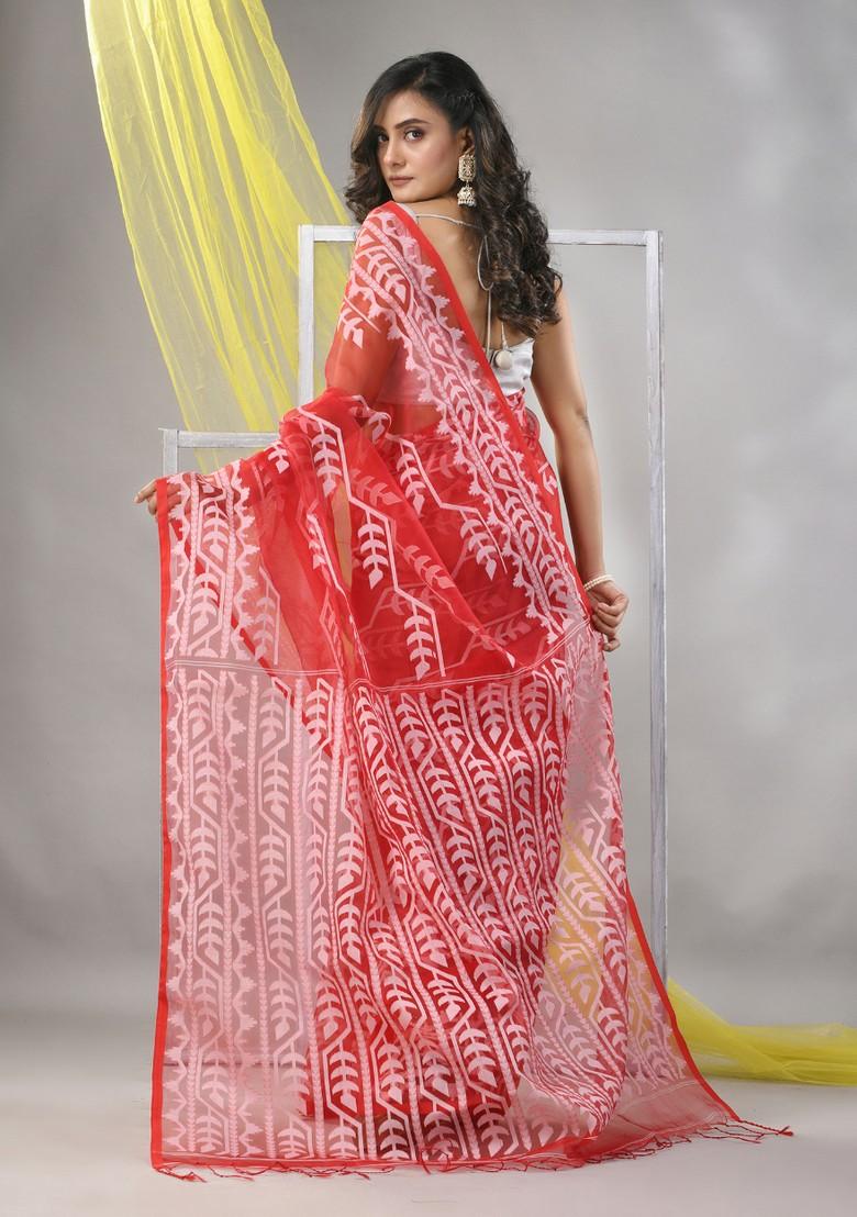 Red Jamdani Muslin Silk Saree Set