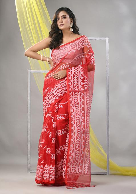 Red Jamdani Muslin Silk Saree Set