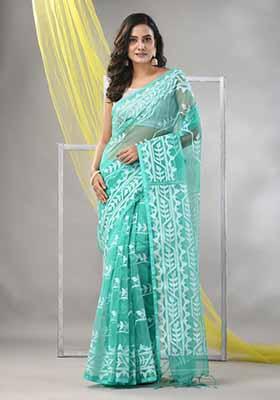 Sea Green Jamdani Muslin Silk Saree Set