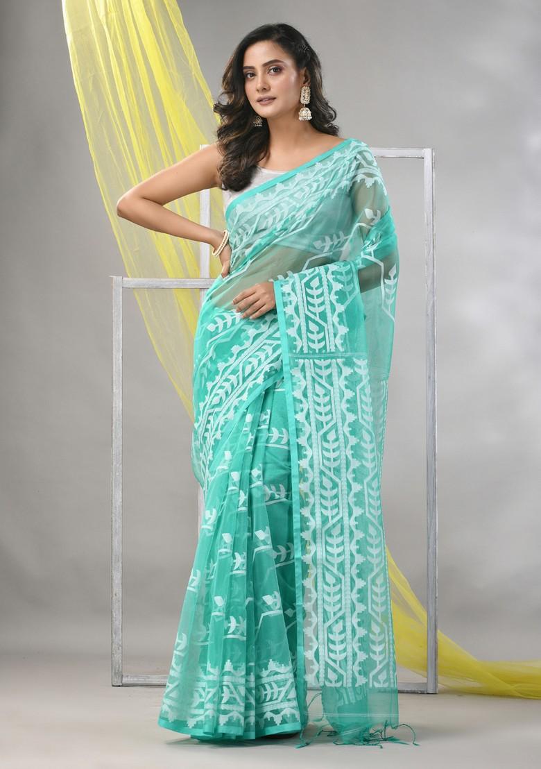 Sea Green Jamdani Muslin Silk Saree Set