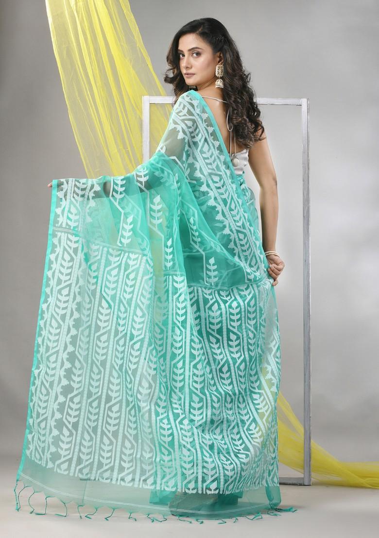 Sea Green Jamdani Muslin Silk Saree Set