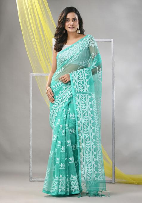 Sea Green Jamdani Muslin Silk Saree Set