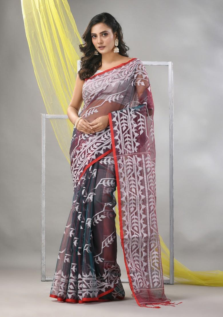 Brown Jamdani Muslin Silk Saree Set - Indya