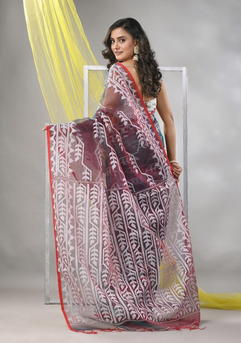 Brown Jamdani Muslin Silk Saree Set - Indya