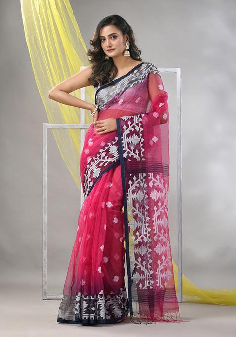 Fuchsia Jamdani Muslin Saree Set