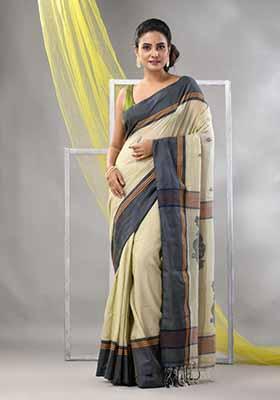 Ecru Leaf Print Soft Spun Cotton Saree Set
