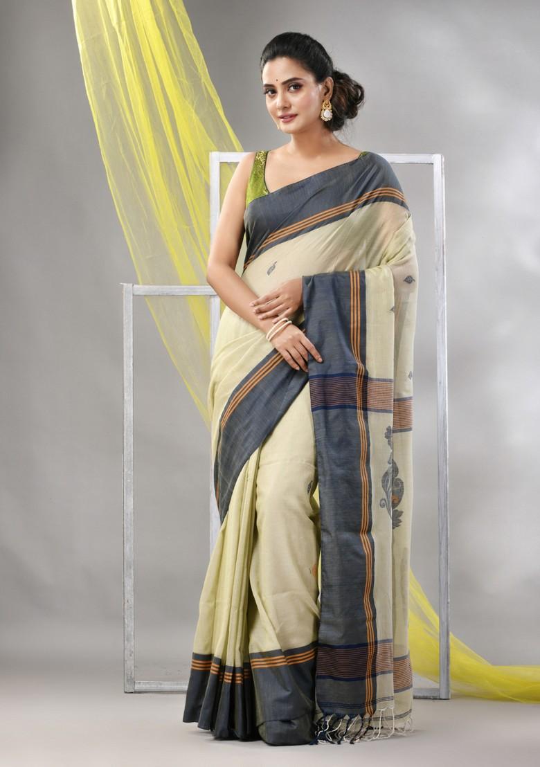 Ecru Leaf Print Soft Spun Cotton Saree Set