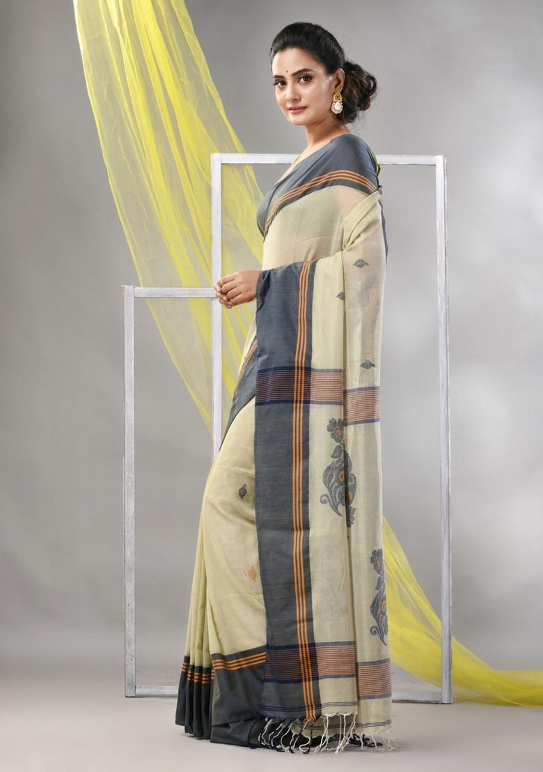 Ecru Leaf Print Soft Spun Cotton Saree Set