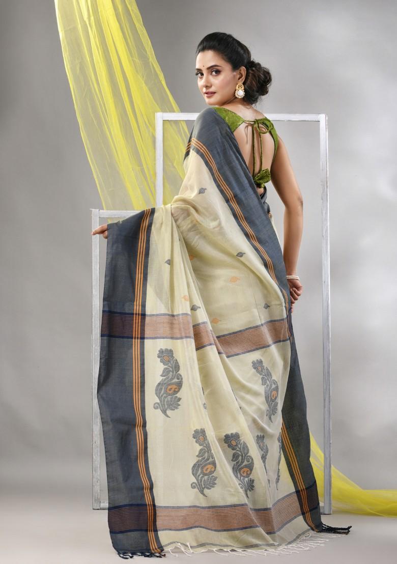 Ecru Leaf Print Soft Spun Cotton Saree Set