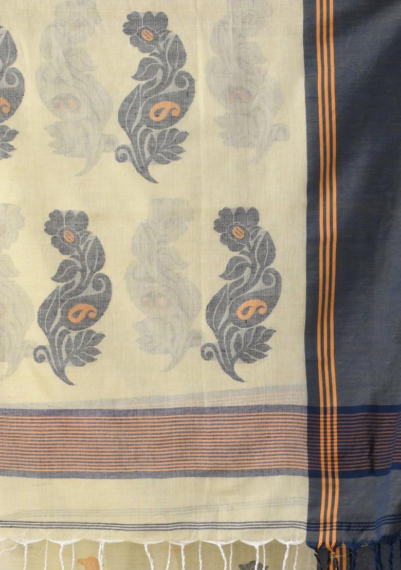 Ecru Leaf Print Soft Spun Cotton Saree Set
