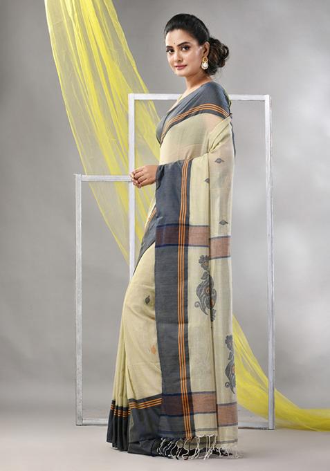 Ecru Leaf Print Soft Spun Cotton Saree Set