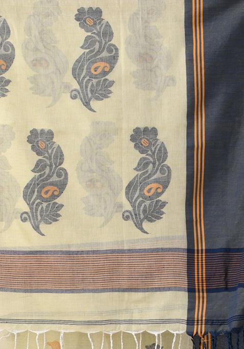 Ecru Leaf Print Soft Spun Cotton Saree Set