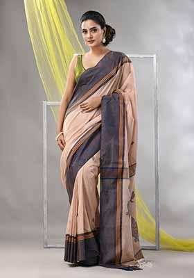 Beige Leaf Print Soft Spun Cotton Saree Set