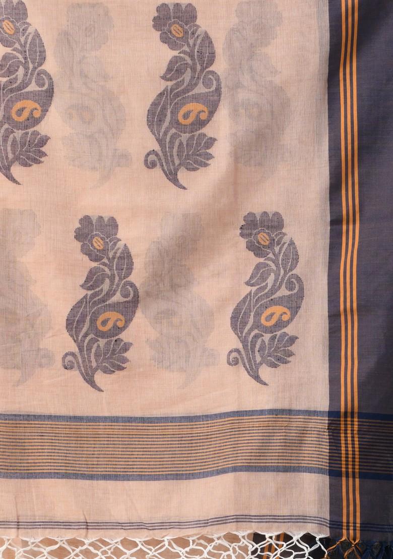 Beige Leaf Print Soft Spun Cotton Saree Set