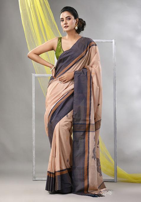 Beige Leaf Print Soft Spun Cotton Saree Set