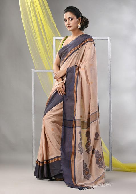 Beige Leaf Print Soft Spun Cotton Saree Set
