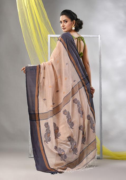 Beige Leaf Print Soft Spun Cotton Saree Set