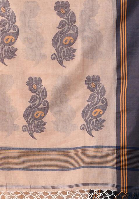 Beige Leaf Print Soft Spun Cotton Saree Set