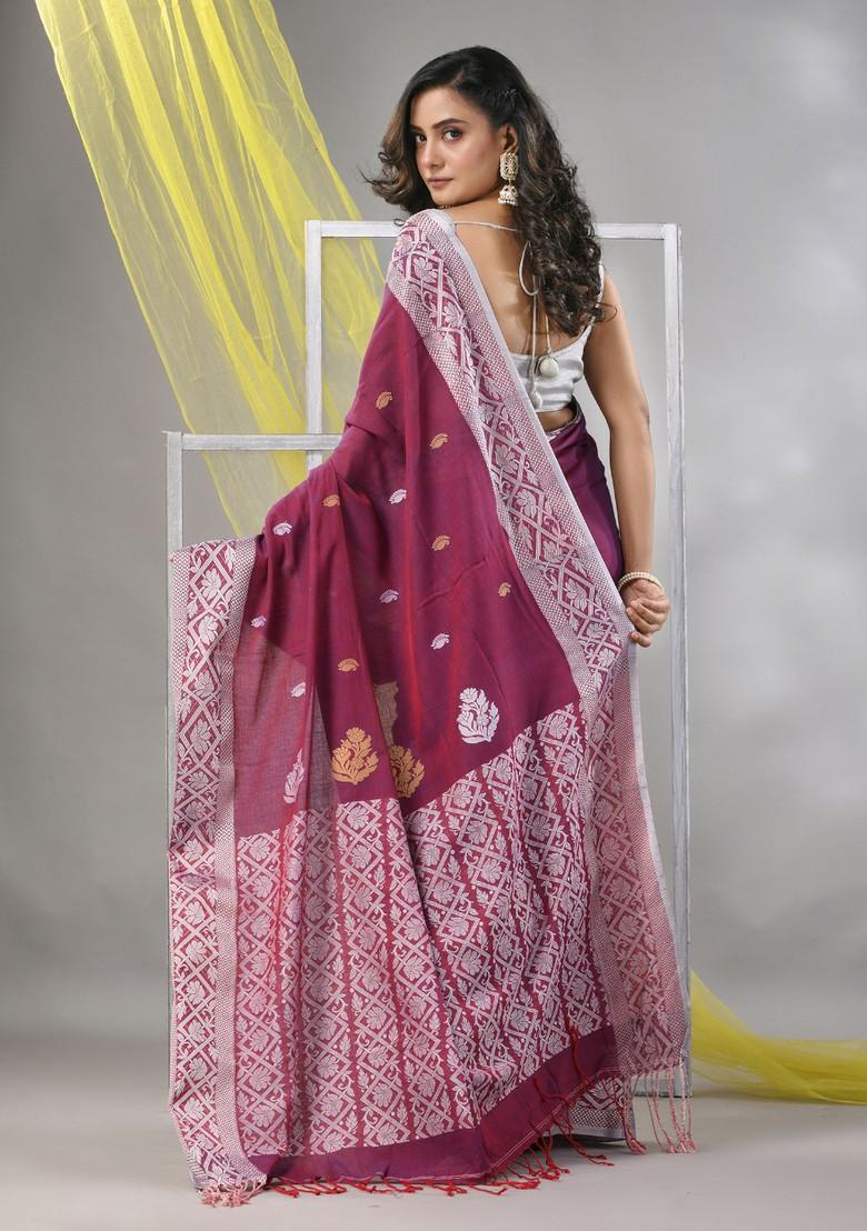 Magenta Nakshi Print Soft Cotton Saree Set - Indya
