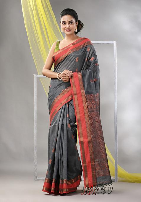 Grey Paisley Print Soft Matka Silk Saree Set