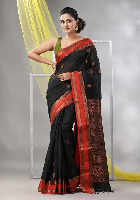 Black Paisley Print Soft Matka Silk Saree Set