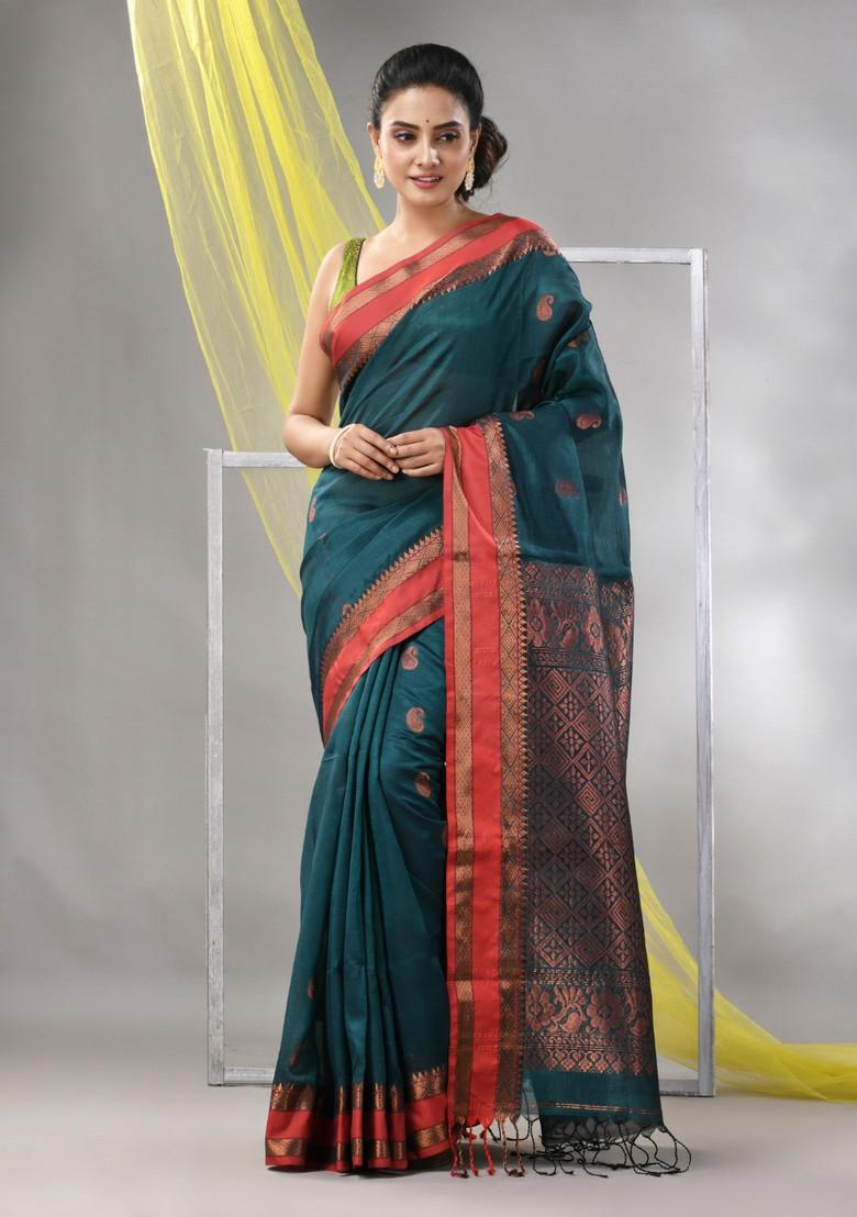 Emerald Green Paisley Print Soft Matka Silk Saree Set - Indya