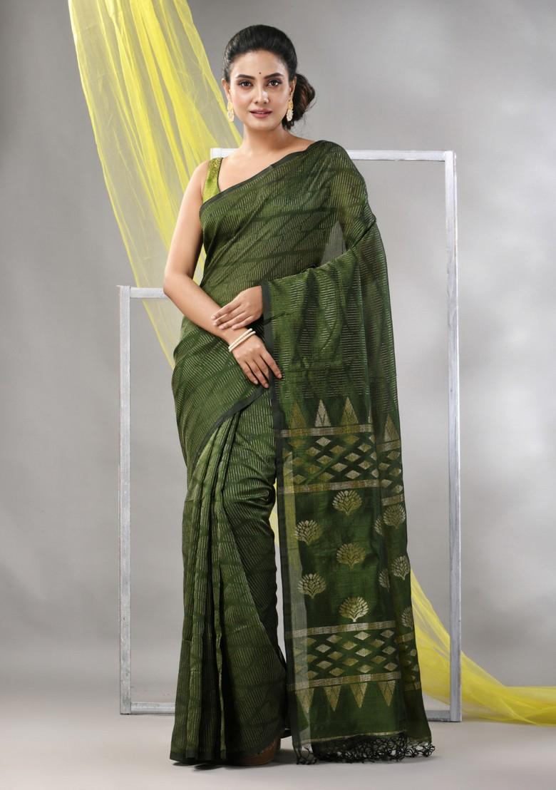 Sapphire Green Striped Soft Matka Silk Saree Set
