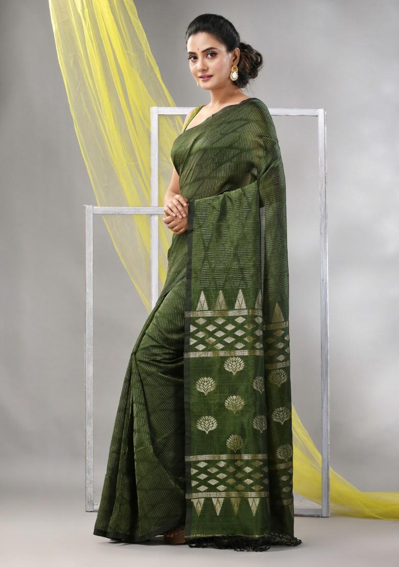 Sapphire Green Striped Soft Matka Silk Saree Set