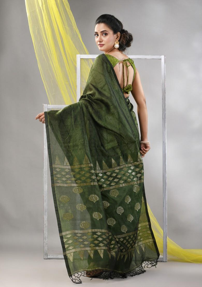 Sapphire Green Striped Soft Matka Silk Saree Set