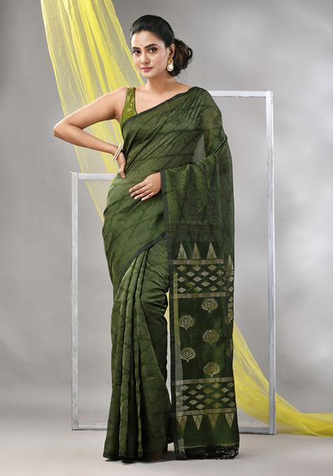 Sapphire Green Striped Soft Matka Silk Saree Set