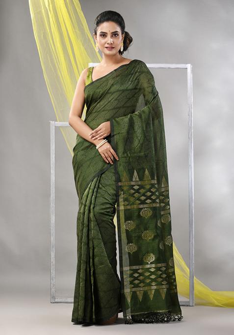 Sapphire Green Striped Soft Matka Silk Saree Set