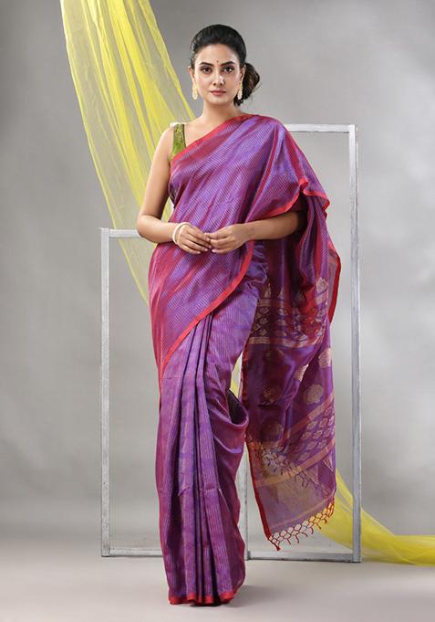 Lilac Striped Soft Matka Silk Saree Set