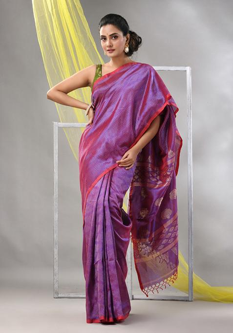 Lilac Striped Soft Matka Silk Saree Set