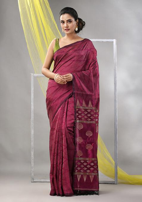 Magenta Striped Soft Matka Silk Saree Set