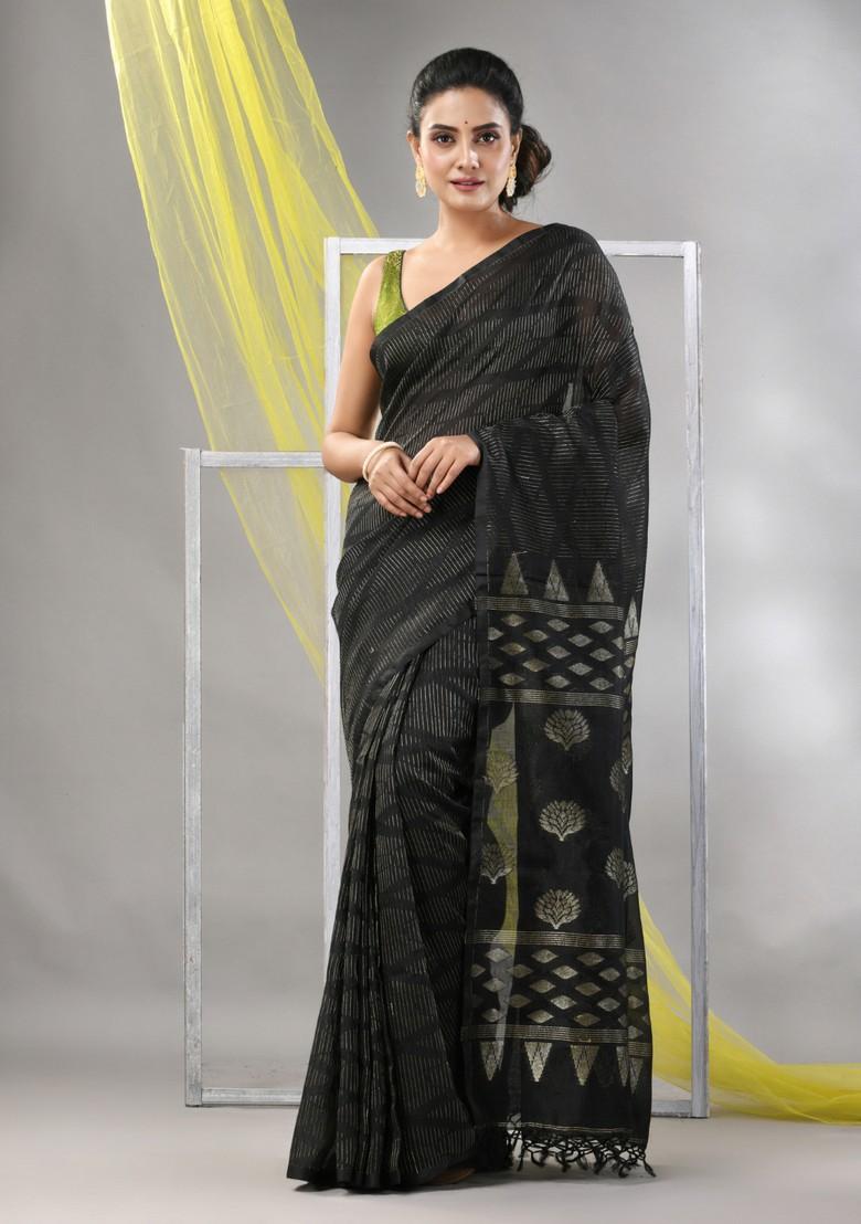 Black Striped Soft Matka Silk Saree Set