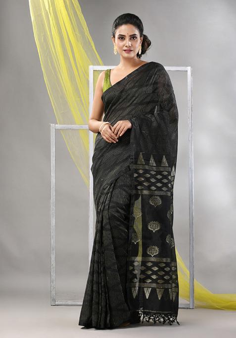 Black Striped Soft Matka Silk Saree Set