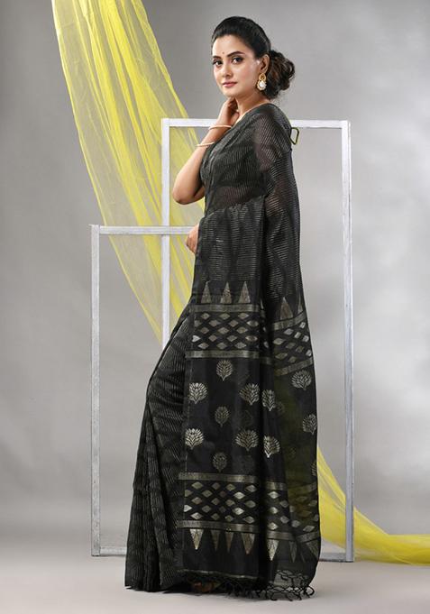 Black Striped Soft Matka Silk Saree Set