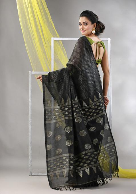 Black Striped Soft Matka Silk Saree Set